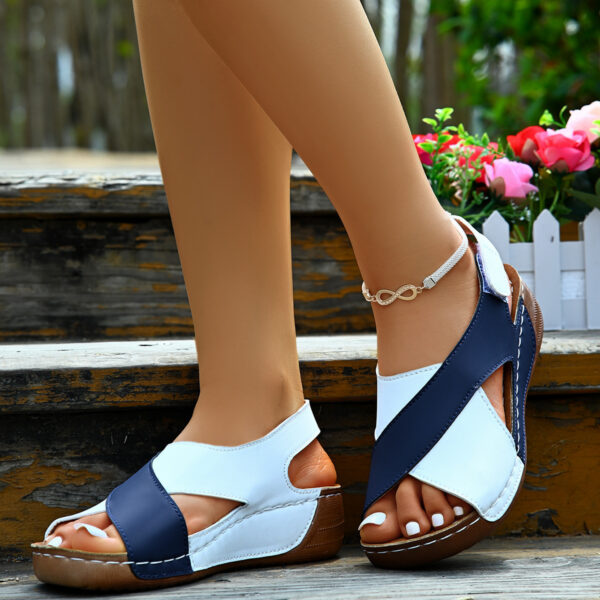 Summer Wedges Sandals With Colorblock Cross-strap Design Casual Thick-soled Roman Shoes For Women - Image 3