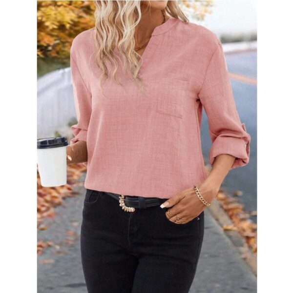 European And American Elegant Fashion Casual Solid Color Cotton Linen Long Sleeve V-neck Top - Image 5