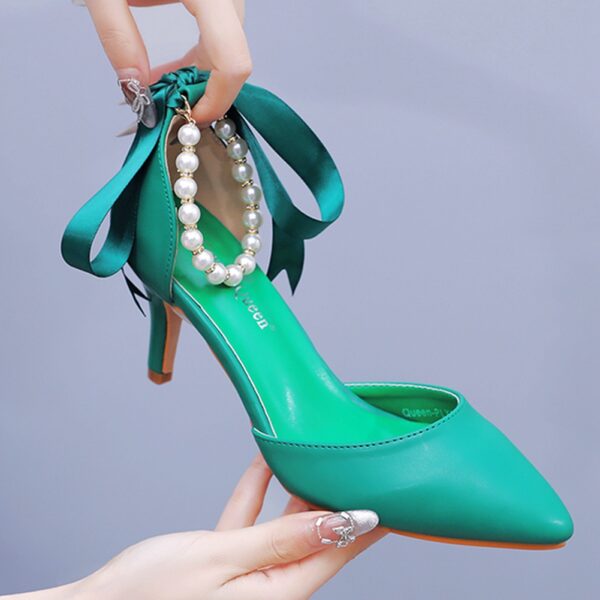 7cm Mid Heel Rhinestone Beaded Ribbon Sandals Matte Soft PU Leather Dress Shoes For Women - Image 6