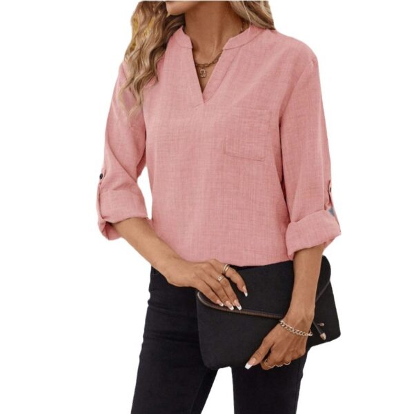 European And American Elegant Fashion Casual Solid Color Cotton Linen Long Sleeve V-neck Top - Image 6