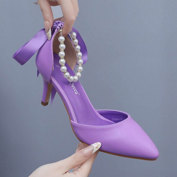 7cm Mid Heel Rhinestone Beaded Ribbon Sandals Matte Soft PU Leather Dress Shoes For Women - Image 10