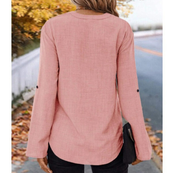European And American Elegant Fashion Casual Solid Color Cotton Linen Long Sleeve V-neck Top - Image 3