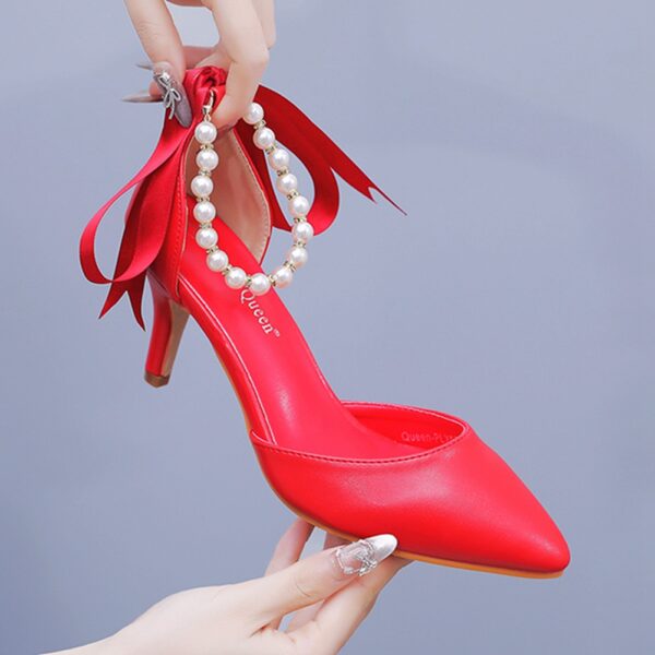 7cm Mid Heel Rhinestone Beaded Ribbon Sandals Matte Soft PU Leather Dress Shoes For Women - Image 8