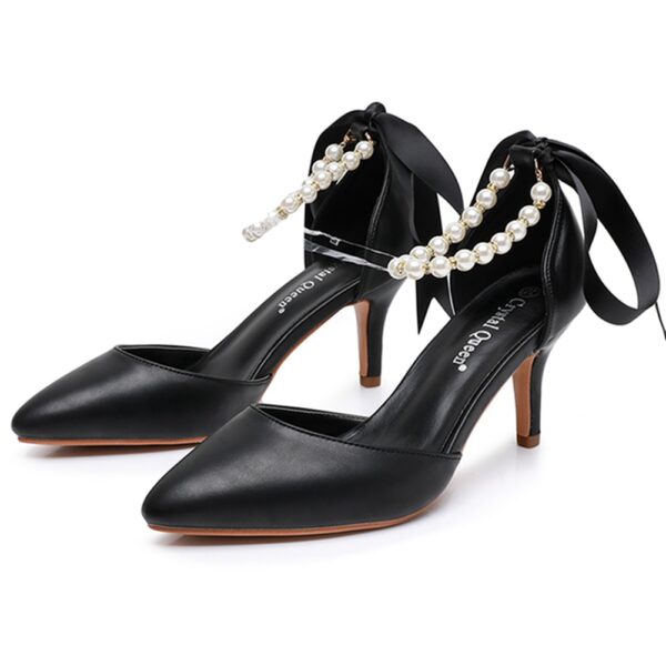 7cm Mid Heel Rhinestone Beaded Ribbon Sandals Matte Soft PU Leather Dress Shoes For Women - Image 5