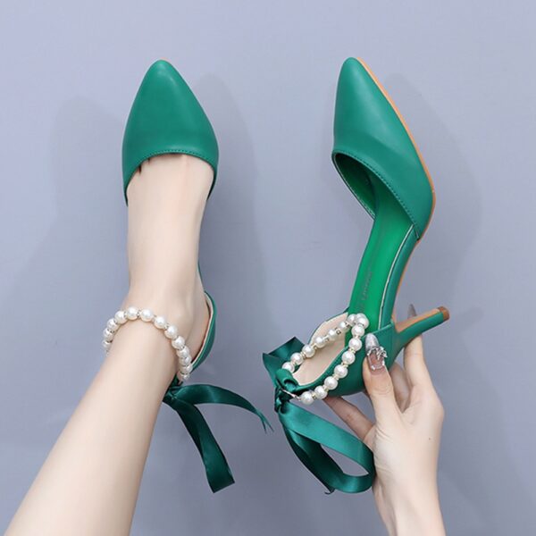 7cm Mid Heel Rhinestone Beaded Ribbon Sandals Matte Soft PU Leather Dress Shoes For Women - Image 4