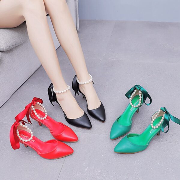 7cm Mid Heel Rhinestone Beaded Ribbon Sandals Matte Soft PU Leather Dress Shoes For Women - Image 3