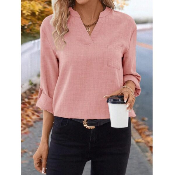 European And American Elegant Fashion Casual Solid Color Cotton Linen Long Sleeve V-neck Top - Image 2