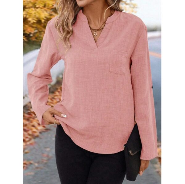 European And American Elegant Fashion Casual Solid Color Cotton Linen Long Sleeve V-neck Top - Image 7