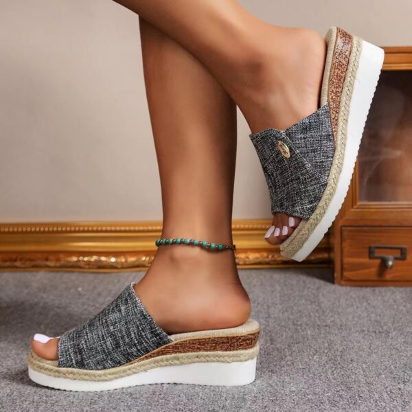 Denim Canvas Wedges Sandals Summer Fashion Hemp High Heel Slippers Outdoor Thick Bottom Fish Mouth Shoes For Women - Image 3