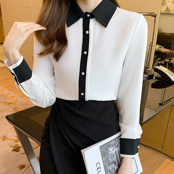 Simple Contrast Color Single Row Pearl Buckle Long Sleeve Shirt - Image 4