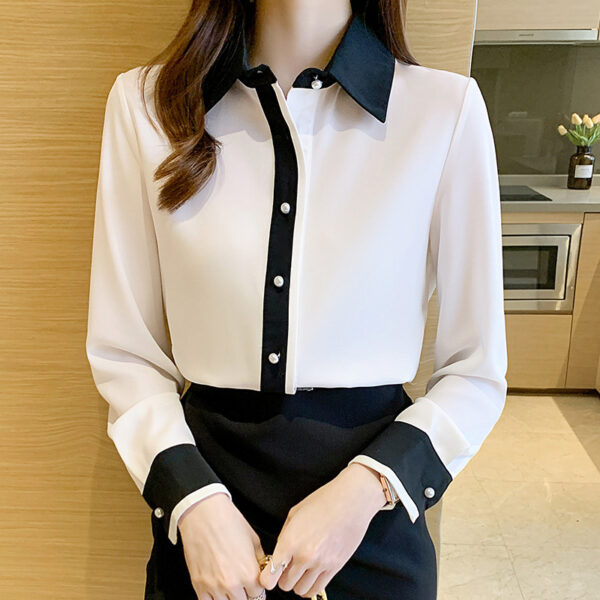 Simple Contrast Color Single Row Pearl Buckle Long Sleeve Shirt - Image 6