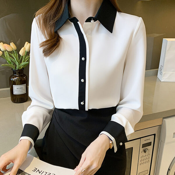 Simple Contrast Color Single Row Pearl Buckle Long Sleeve Shirt - Image 3