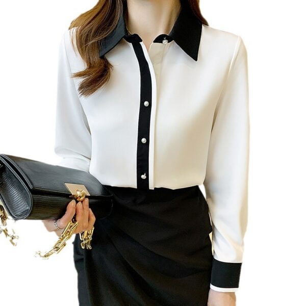 Simple Contrast Color Single Row Pearl Buckle Long Sleeve Shirt - Image 5